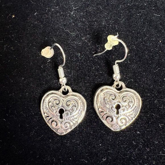 Silver Tone Heart Lock Dangle Earrings - Picture 1 of 6